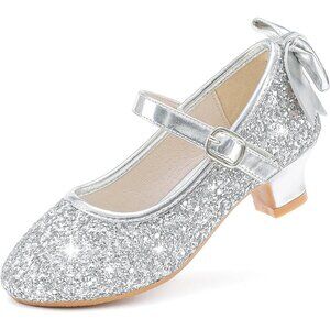 Girls Elegant Sequin Silver Girl Mary Jane Glitter Princess Wedding Dress Shoes
